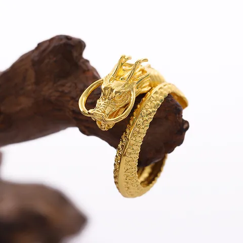 Dominanter Drachenkopf Relief Herren Offener Ring Vietnam Sand Gold Messing Galvanisiert 24K Vergoldet Verstellbarer Ring Schmuck