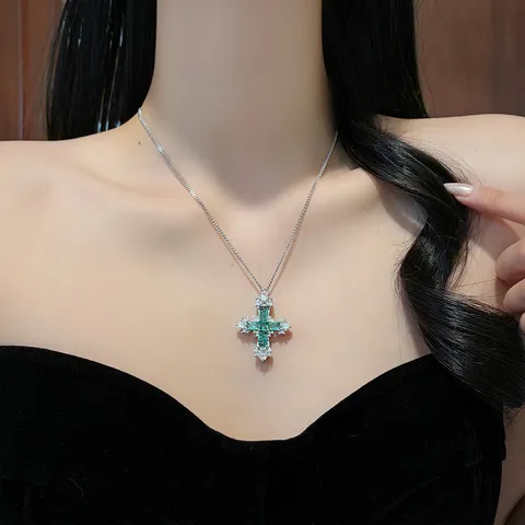 Luxury Emerald Zirconia Cross Pendant Necklace Matching Stud Earrings Set Gothic Vintage Silver Plated Jewelry Gift For Women
