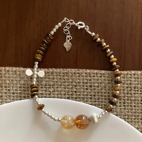 Retro Brown Tiger Eye Stone Beaded Bracelet For Women Maillard Style New Chinese Jewelry Adjustable Silver Heart Charm Bracelet