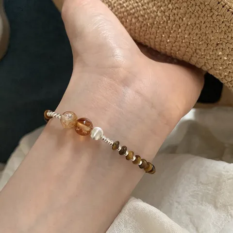 Retro Brown Tiger Eye Stone Beaded Bracelet For Women Maillard Style New Chinese Jewelry Adjustable Silver Heart Charm Bracelet