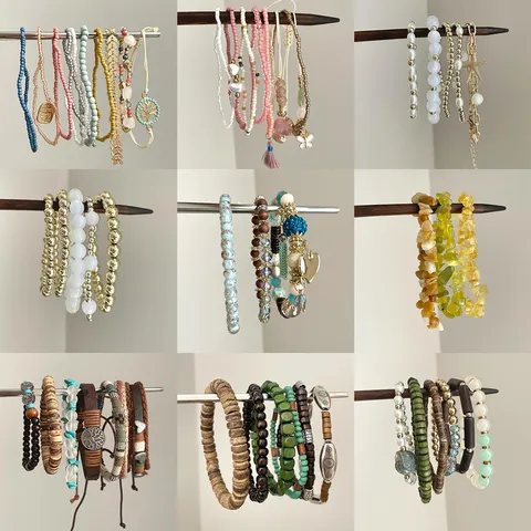Vintage Bohemian Multi Layer Stacking Beaded Bracelet Set For Women Alloy Wood Artificial Pearl Natural Stone Charm Bracelet Leaf Tree Of Life Starfish Heart Tassel Elastic Wristband Jewelry Gift