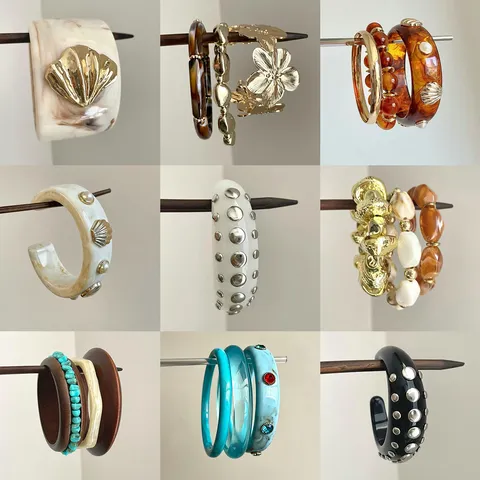 Bohemian Ethnic Style Multi Layered Bracelet Bangle Set For Women Alloy Resin Wood Shell Irregular Geometric Fashion Jewelry