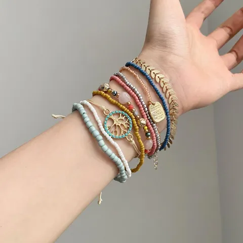 Vintage Bohemian Multi Layer Stacking Beaded Bracelet Set For Women Alloy Wood Artificial Pearl Natural Stone Charm Bracelet Leaf Tree Of Life Starfish Heart Tassel Elastic Wristband Jewelry Gift