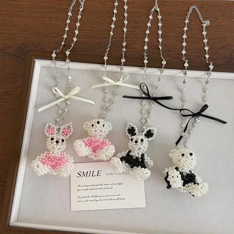 Cute Cartoon Animal Rabbit Bear Pendant Long Sweater Chain For Women Alloy Artificial Pearl Beaded Bowknot Star Necklace Fashion Jewelry Gift