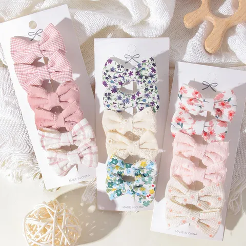 Kids Fabric Bow Hair Clip Set Floral Plaid Polka Dot Pattern Cloth Barrettes For Baby Girls Toddlers Sweet Hair Accessories