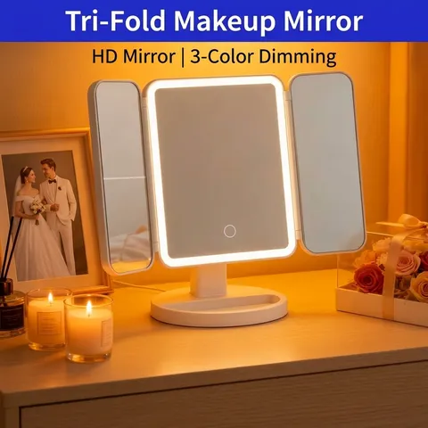 Intelligent LED Makeup Mirror Tri-Fold Portable Desktop Cosmetic Mirror With 1X 2X 3X Magnification Touch Dimmable USB Rechargeable Beauty Fill Light Mirror