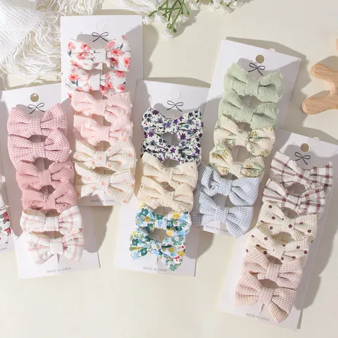 Kids Fabric Bow Hair Clip Set Floral Plaid Polka Dot Pattern Cloth Barrettes For Baby Girls Toddlers Sweet Hair Accessories