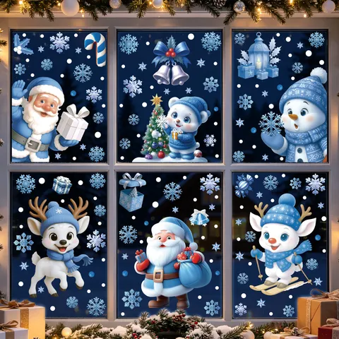 Pegatinas Estáticas de Ventana de Navidad Azul Blanco Papá Noel Alce Muñeco de Nieve Copo de Nieve Calcomanías de Vidrio para Centro Comercial Hogar Decoración Navideña