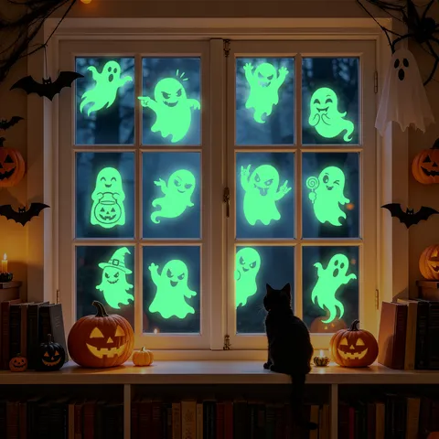Halloween Glowing Ghost Static Window Stickers Luminous Fluorescent PVC Glass Decals For Party Horror Decoration