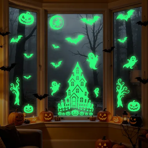 Halloween Luminous Static Window Stickers Fluorescent Ghost Haunted House Evil Eyes Pattern Party Wall Decals PVC Decoration