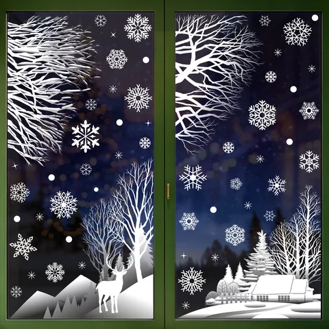 Pegatinas de Ventana de Navidad Adhesivo Estático Blanco Copo de Nieve Alce Casa de Nieve Silueta PVC Calcomanías para Decoración