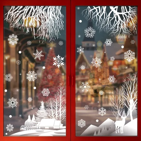 Pegatinas de Ventana de Navidad Adhesivo Estático Blanco Copo de Nieve Alce Casa de Nieve Silueta PVC Calcomanías para Decoración