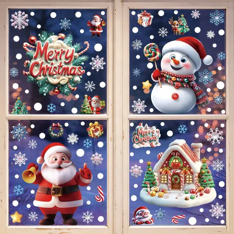 Weihnachten Fenster Statische Aufkleber Weihnachtsmann Schneemann Lebkuchenhaus Schneeflocke Frohe Weihnachten Abnehmbare Glasaufkleber Für Feiertag Party Haus Dekoration