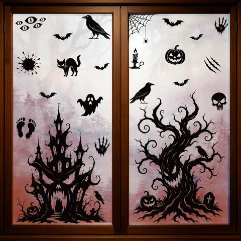 Halloween Haunted House Window Clings Ghost Tree Bat Static Halloween Party Decor Double Sided Printed PVC Window Decals