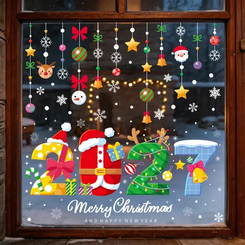 Kerst Venster Statische Stickers Sneeuwpop Rendier Nieuwjaar 2027 Hanger Glas Decals Feestelijke Party Home Decor