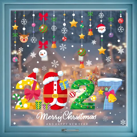 Kerst Venster Statische Stickers Sneeuwpop Rendier Nieuwjaar 2027 Hanger Glas Decals Feestelijke Party Home Decor