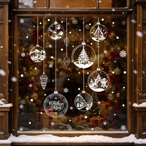 Weihnachten Weiße Schneeflocke Hängende Kugel Statische Haftung Fensteraufkleber Russischer Neujahrsgruß Einkaufszentrum Glas Showcase Party Deko