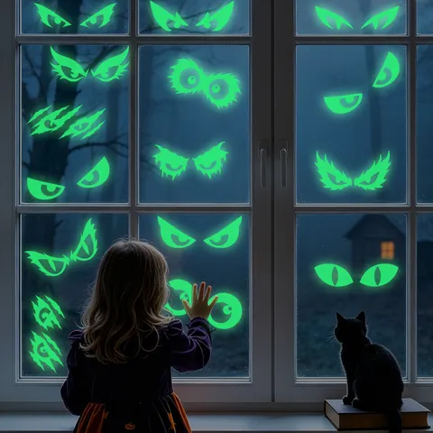 Halloween Decoration Luminous Static Stickers Window Glass Decals Glow In The Dark Monster Eyes Fluorescent PVC Stickers For Festive Home Party Wall Decor