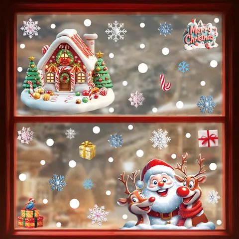 Pegatinas Estáticas Para Ventanas De Navidad Papá Noel Reno Casa De Nieve Calcomanías De Vidrio Para Decoración Festiva Del Hogar