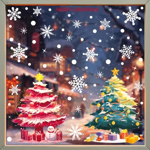 Pegatinas Estáticas de Vidrio de Árbol de Navidad y Copo de Nieve Calcomanías de Ventana de Muñeco de Nieve para Diseño de Escena de Escaparate Decoración del Hogar