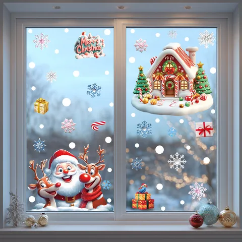 Pegatinas Estáticas Para Ventanas De Navidad Papá Noel Reno Casa De Nieve Calcomanías De Vidrio Para Decoración Festiva Del Hogar