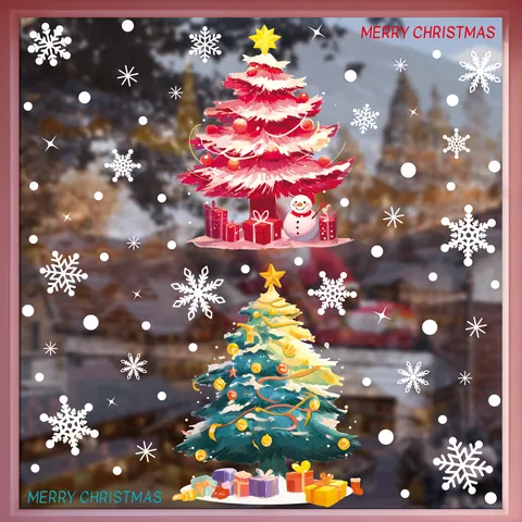 Pegatinas Estáticas de Vidrio de Árbol de Navidad y Copo de Nieve Calcomanías de Ventana de Muñeco de Nieve para Diseño de Escena de Escaparate Decoración del Hogar