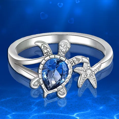 Anello a Forma di Tartaruga Marina e Stella Marina in Lega con Strass per Donna Placcato Oro Argento Cristallo Blu Animale Marino Stile Spiaggia Hawaii Gioielli Anello da Dito Regalo
