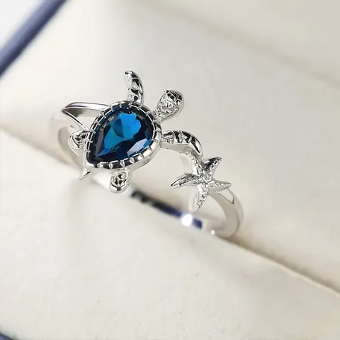 Alloy Sea Turtle Starfish Ring For Women Blue Rhinestone Ocean Animal Finger Ring Hawaiian Beach Vacation Style Jewelry Gift