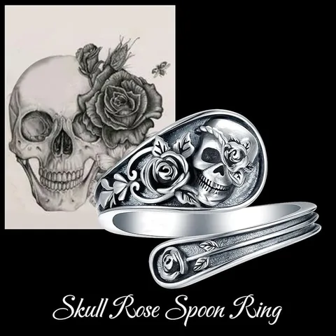 Gothic Retro Skull Rose Open Adjustable Ring Alloy Antique Silver Punk Spoon Ring For Men Women Jewelry Gift