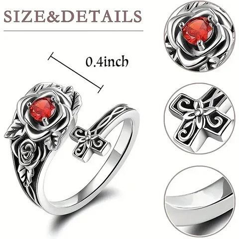 Retro Victorian Style Cross Rose Spoon Shaped Adjustable Ring Vintage Silver Black Alloy Red Crystal Finger Jewelry