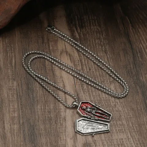 Collana con Pendente a Bara Gotico Vintage Lega Smalto Rosso Scheletro Croce Collana Unisex Festa di Halloween Gioielli Regalo
