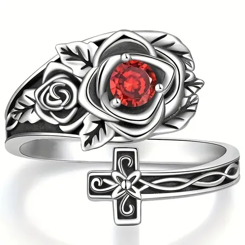 Retro Victorian Style Cross Rose Spoon Shaped Adjustable Ring Vintage Silver Black Alloy Red Crystal Finger Jewelry