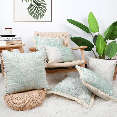 Boho Vintage Floral Throw Pillow Cover Geometric Cotton Blend Decorative Square And Lumbar Cushion Cover With Tassels