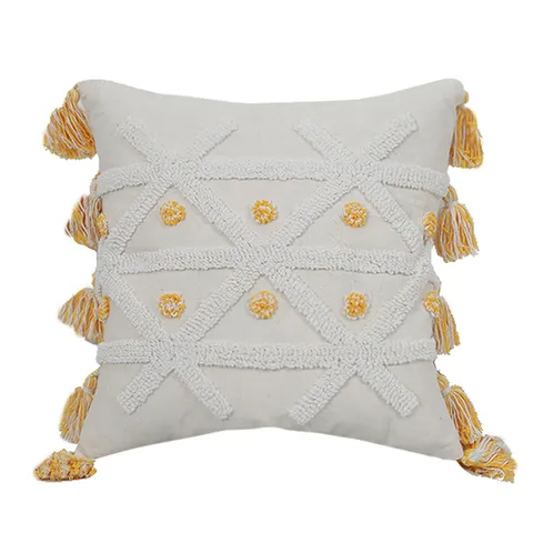 Nordic Tufted Throw Pillow Cover Geometric Dot Linen Blend Cushion Cover with Tassels for Sofa Home Decor