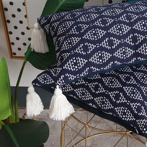 Boho Woven Cotton Linen Throw Pillow Cover Decorative Geometric Tufted Cushion Case with Tassels for Sofa Home