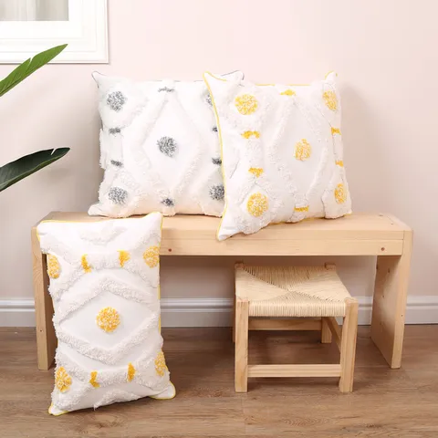 Moroccan Style Geometric Tufted Throw Pillow Cover Nordic White Cotton Linen Cushion Cover for Sofa Living Room Home Decor