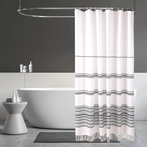 Modern Minimalist Waterproof Fabric Shower Curtain With Tassels Striped Bathroom Curtain For Home Decor
