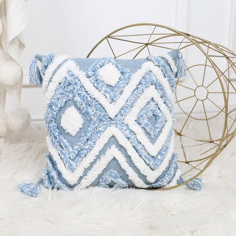 Nordic Minimalist Blue Geometric Tufted Throw Pillow Cover With Tassels Modern Decorative Sofa Cushion Case