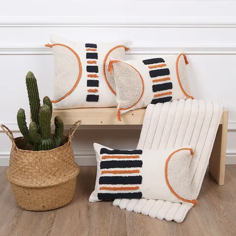 Moroccan Tufted Embroidered Pillow Cover Nordic Geometric Stripe Cushion Cover With Tassels For Sofa Living Room Decor