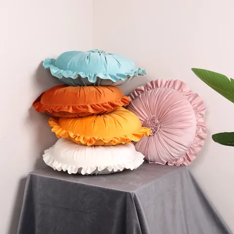 European Style Round Floral Throw Pillow Luxury Velvet Dirty Orange Ruffled Sofa Cushion Home Bedroom Bedside Pillow