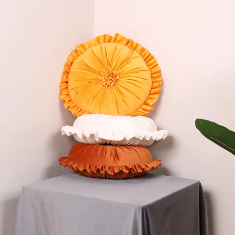European Style Round Floral Throw Pillow Luxury Velvet Dirty Orange Ruffled Sofa Cushion Home Bedroom Bedside Pillow