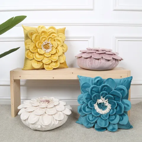 3D Floral Throw Pillow Cover Handmade Stitching Velvet Cushion Cover Decorative Flower Pillowcase For Sofa Bed Home Decor