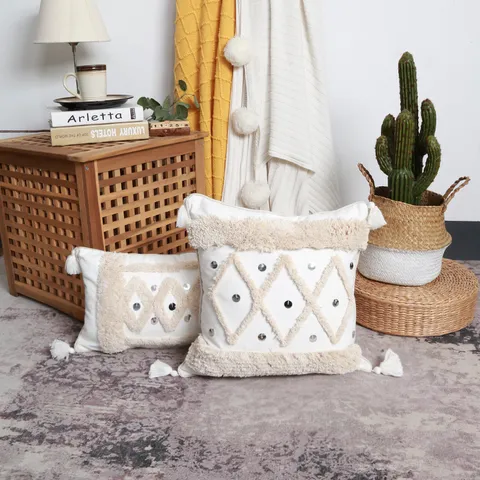 Europäischer Stil Getufteter Baumwoll-Leinen Kissenbezug Geometrische Quasten Dekorativer Kissenbezug Für Sofa