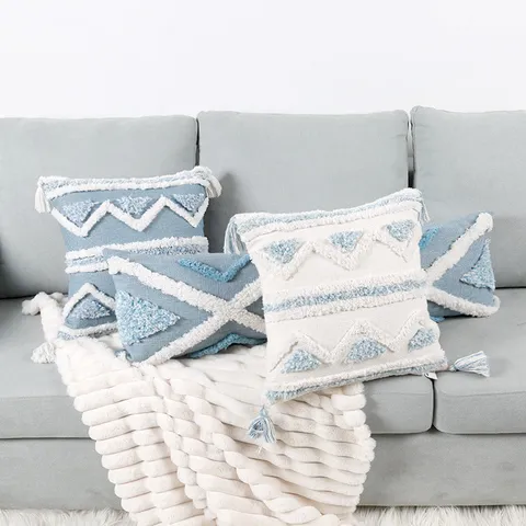 Bohemian Geometric Tufted Cushion Cover Blue Decorative Pillowcase With Tassels For Sofa Home Living Room Bedding