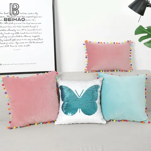 Nordic Solid Color Velvet Throw Pillow Cover Pom Pom Decorative Cushion Cover For Sofa Car Bed Living Room Home Decor
