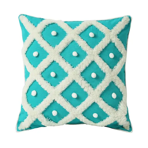 Nordischer Getufteter Kissenbezug Baumwolle und Leinen Geometrisches Diamant Kissenbezug Mit Pompons Dekorative Kissenhülle Für Sofa