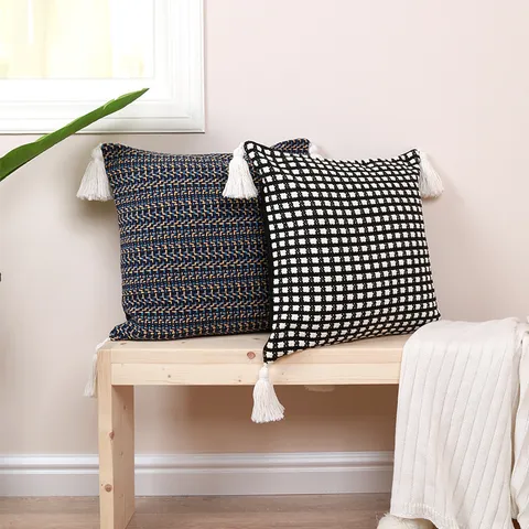 Nordic Jacquard Throw Pillow Cover With Tassels Boho Geometric Grid Cushion Cover For Living Room Sofa Home Decor