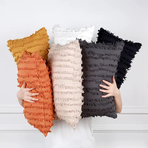 Solid Color Tassel Jacquard Cushion Cover Modern Minimalist Polyester Decorative Throw Pillowcase For Sofa Bed Home Decor