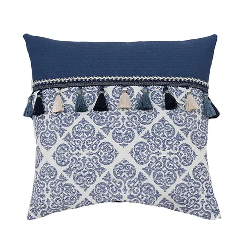 Blue And White Porcelain Geometric Jacquard Cotton Linen Pillowcase Nordic Tassel Cushion Cover For Sofa Living Room