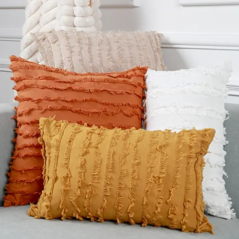 Solid Color Tassel Jacquard Cushion Cover Modern Minimalist Polyester Decorative Throw Pillowcase For Sofa Bed Home Decor